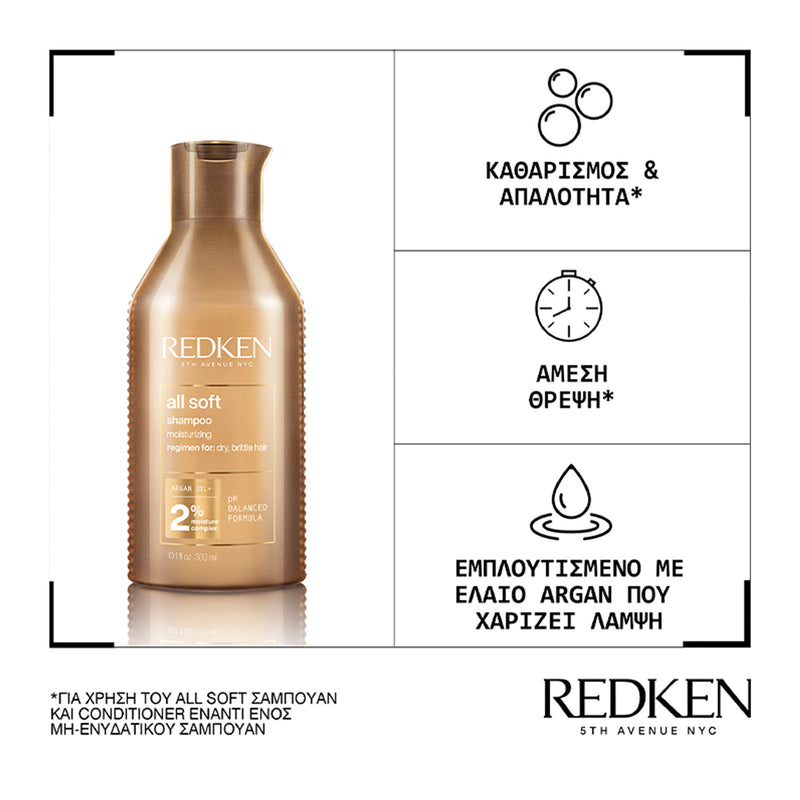 Redken All Soft Σαμπουάν Απαλότητας Και Λάμψης Για Αφυδατωμένα Μαλλιά 500ml