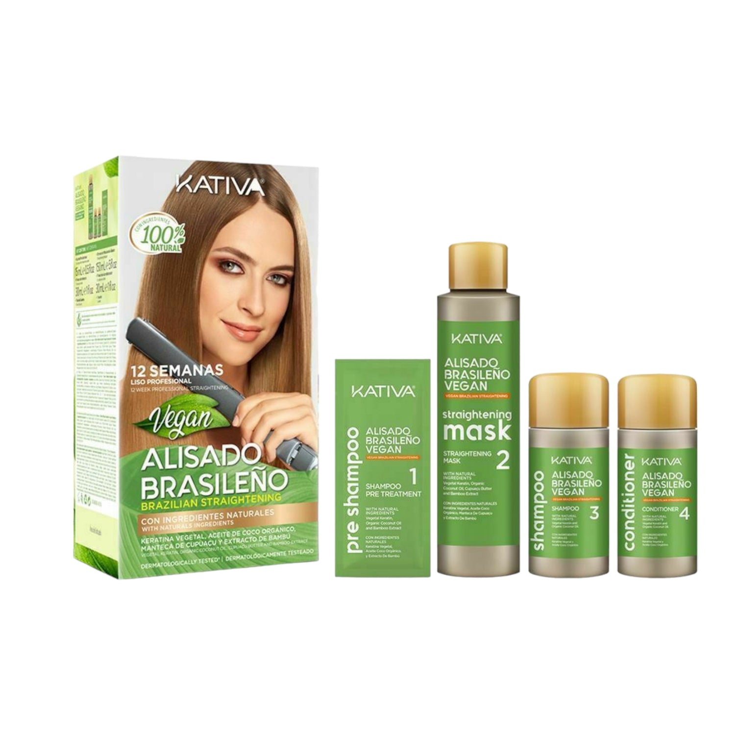 Kativa Vegan Brazilian Straightening Keratin Set for Straightening, with Shampoo and Mask 4pcs
